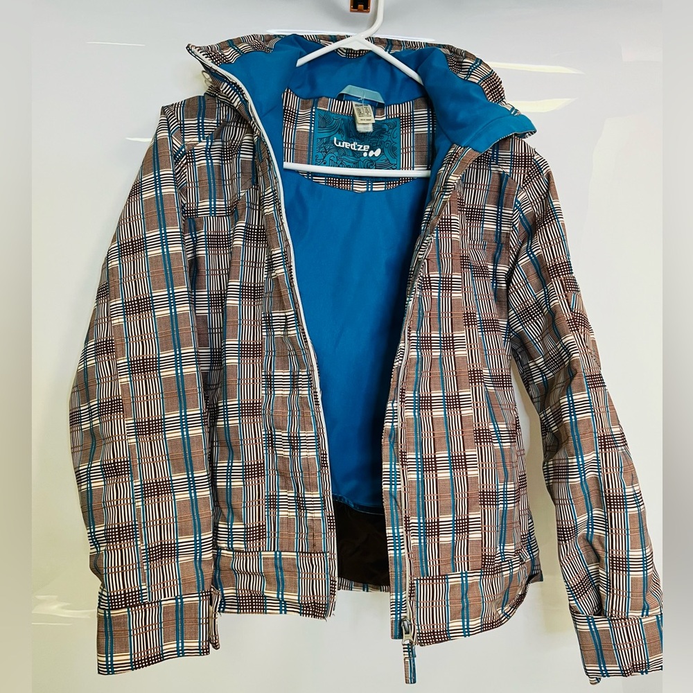 Decathlon Wed'ze Brown/Teal Plaid Ski Jacket Hooded Womens Size US XXS